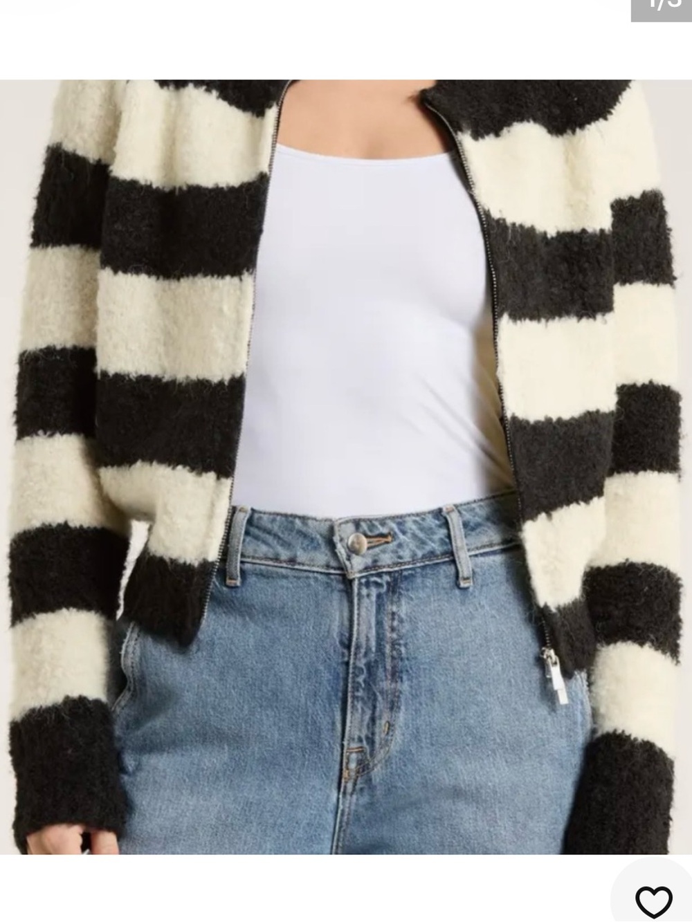 FRNCH Black and White Striped Teddy Zip Cardigan Sweater